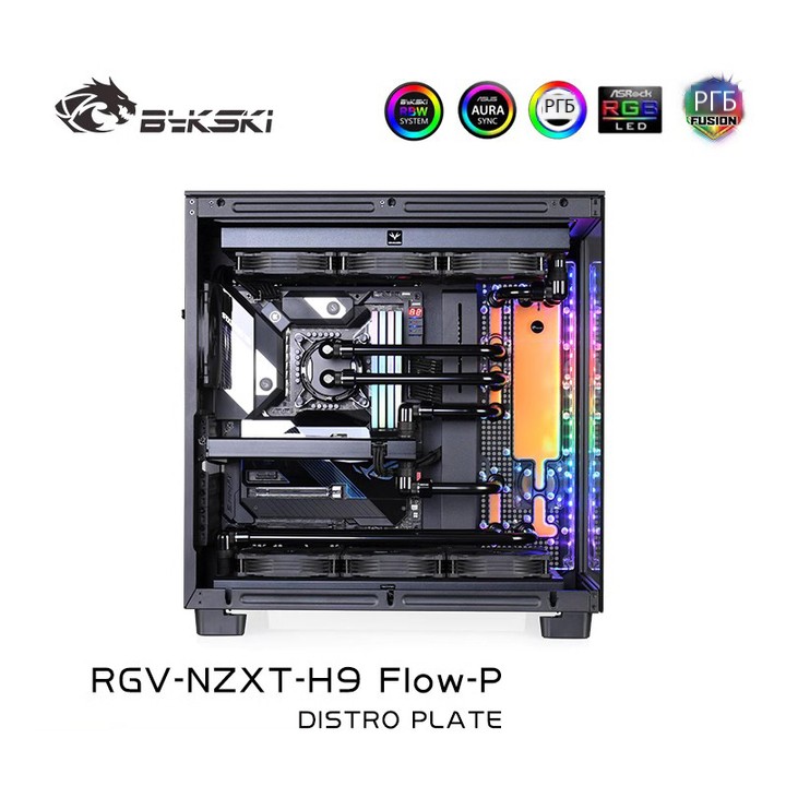 Схема направления потока воды для платы охлаждения Bykski RGV-NZXT-H9 FIow-P и Enjie H9 FIow-P
